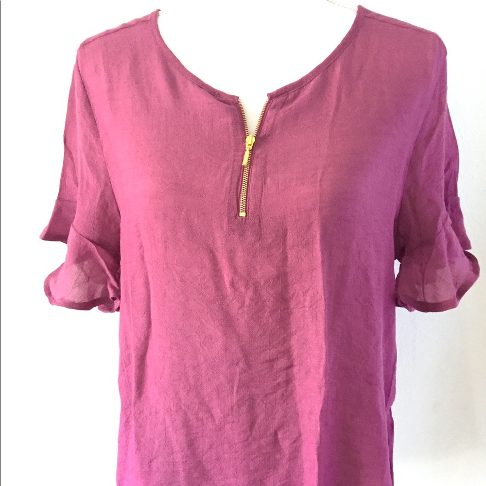 NWT Harve Benard Raspberry Gold Zip Lightweight Ruffle Sleeve Blouse M